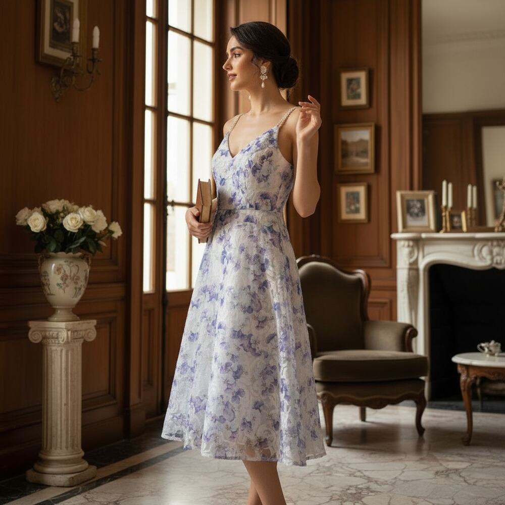 Adrianna Papell Beaded Strap Printed Embellished Ivory Floral Gown Size 8 NWT